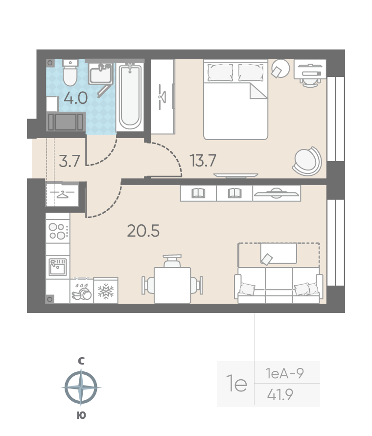 1-комнатная квартира, 41.9 м²; этаж: 9 - купить в Санкт-Петербурге