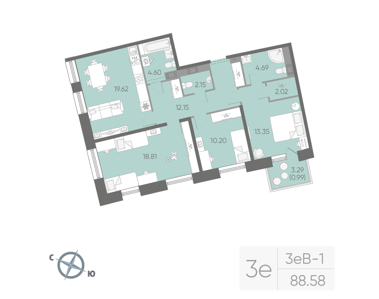 3-комнатная квартира, 88.58 м²; этаж: 11 - купить в Санкт-Петербурге