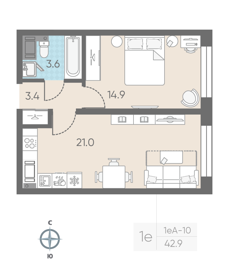 1-комнатная квартира, 42.9 м²; этаж: 9 - купить в Санкт-Петербурге