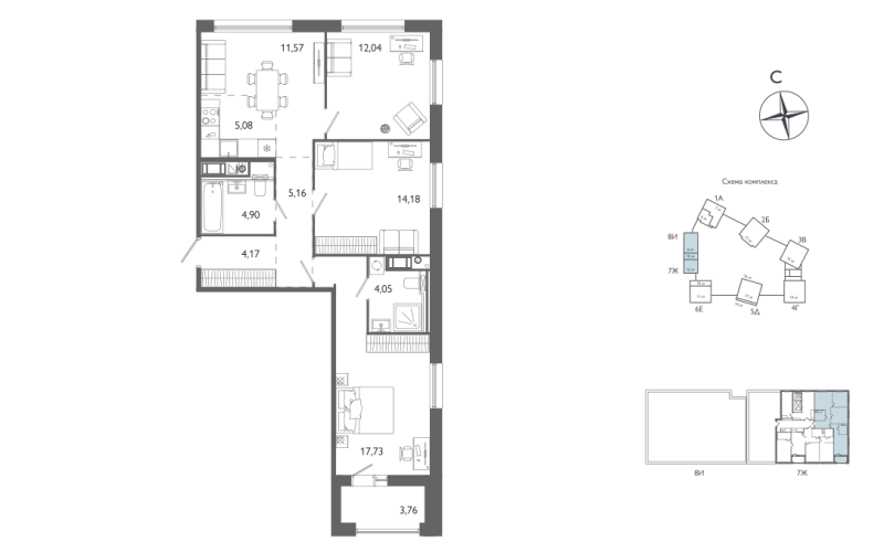 3-комнатная квартира №61 в: Лиггат: 80.76 м²; этаж: 11 - купить в Санкт-Петербурге