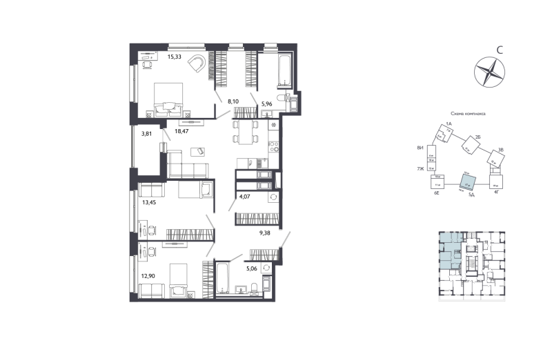 3-комнатная квартира №61 в: Лиггат: 94.62 м²; этаж: 16 - купить в Санкт-Петербурге
