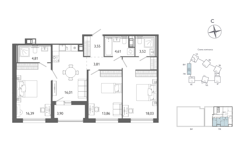 3-комнатная квартира №61 в: Лиггат: 86.54 м²; этаж: 12 - купить в Санкт-Петербурге