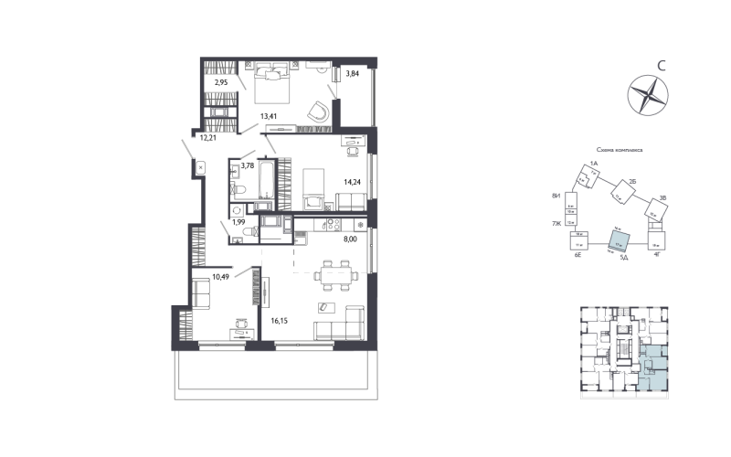 3-комнатная квартира №61 в: Лиггат: 85.14 м²; этаж: 17 - купить в Санкт-Петербурге