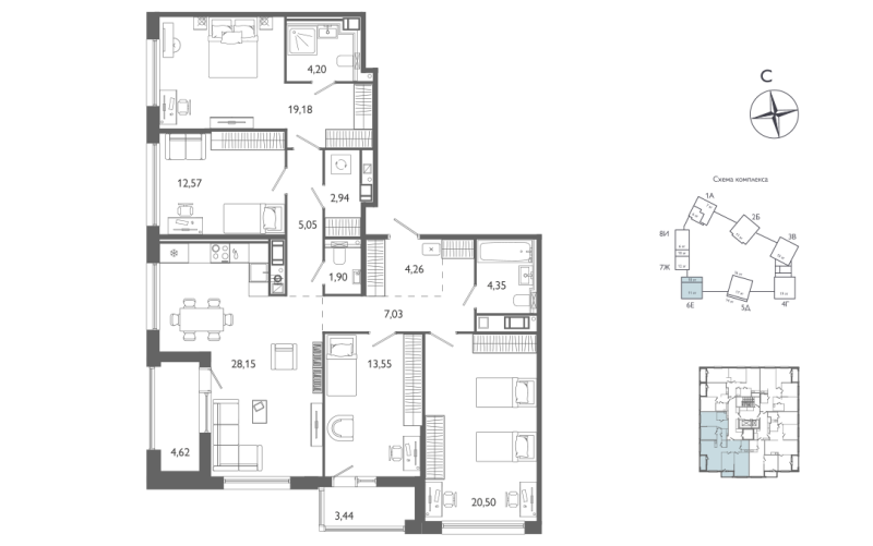 4-комнатная квартира №61 в: Лиггат: 127.71 м²; этаж: 10 - купить в Санкт-Петербурге