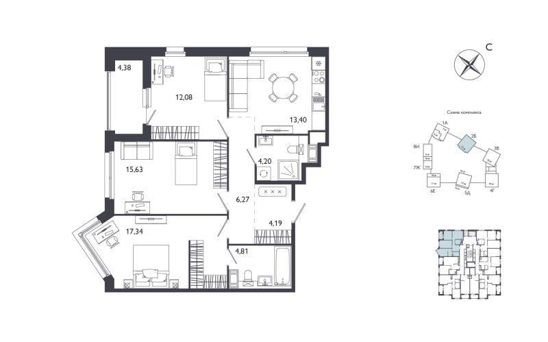 3-комнатная квартира №61 в: Лиггат: 80.11 м²; этаж: 11 - купить в Санкт-Петербурге