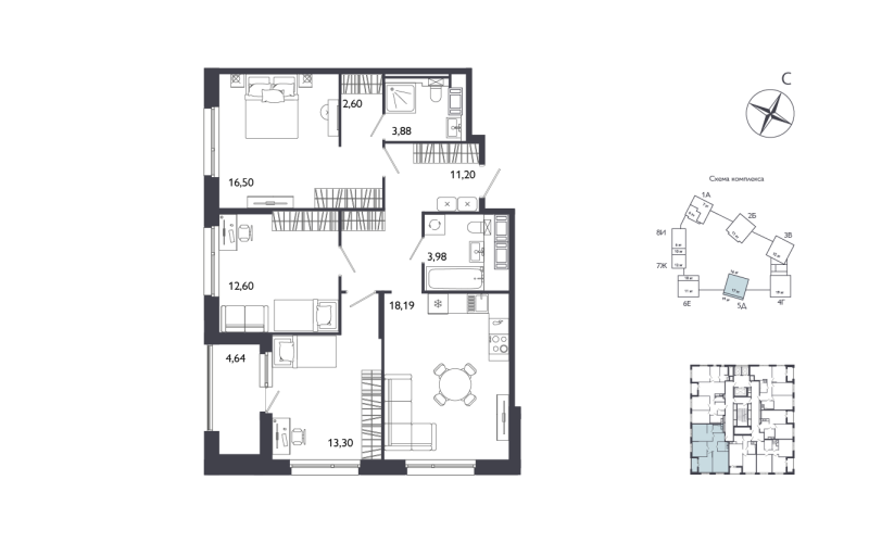 3-комнатная квартира №61 в: Лиггат: 84.57 м²; этаж: 13 - купить в Санкт-Петербурге