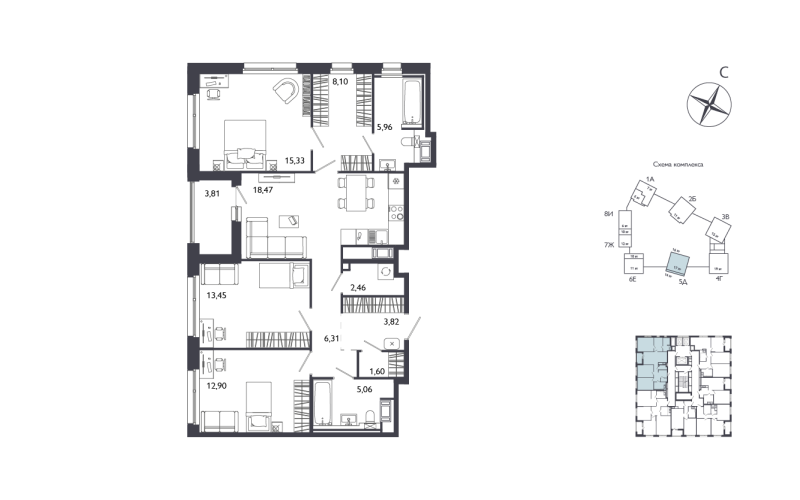 3-комнатная квартира №61 в: Лиггат: 95.36 м²; этаж: 5 - купить в Санкт-Петербурге