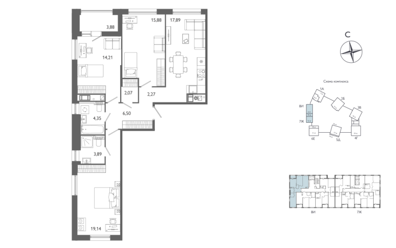 3-комнатная квартира №61 в: Лиггат: 88.14 м²; этаж: 6 - купить в Санкт-Петербурге