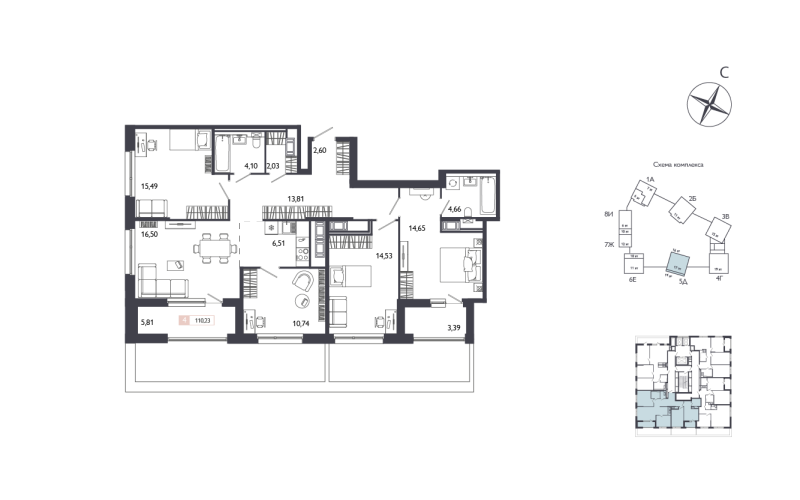 4-комнатная квартира №61 в: Лиггат: 110.23 м²; этаж: 17 - купить в Санкт-Петербурге