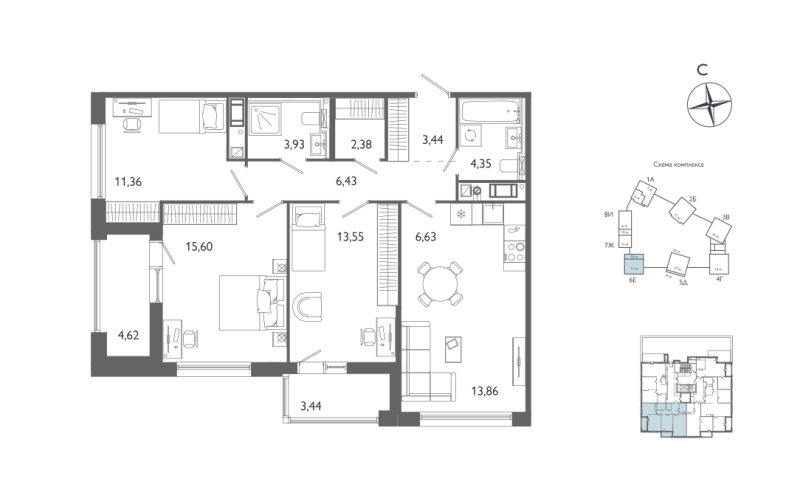 3-комнатная квартира №61 в: Лиггат: 85.56 м²; этаж: 11 - купить в Санкт-Петербурге