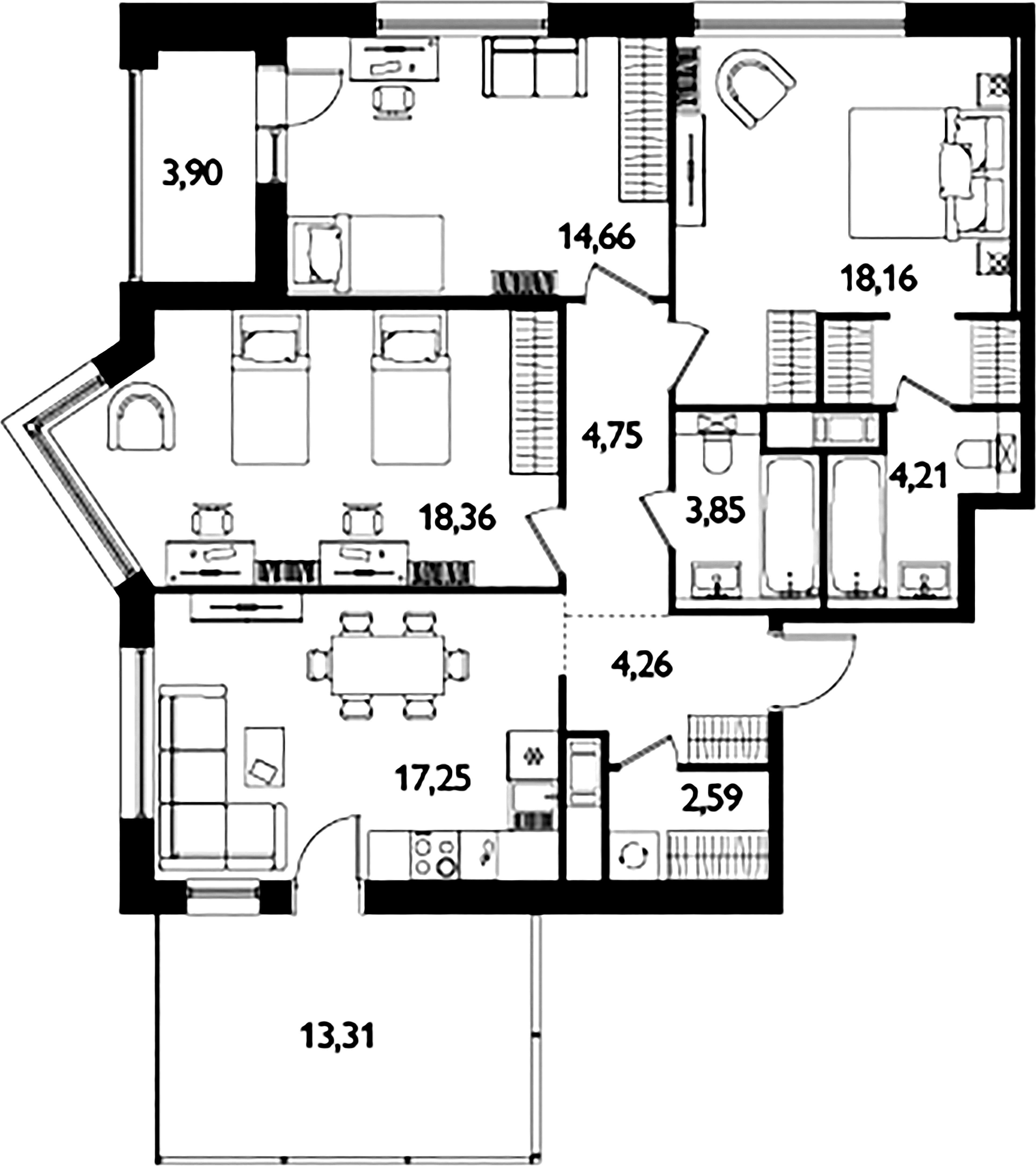 3-комнатная квартира №61 в: Лиггат: 94.03 м²; этаж: 7 - купить в Санкт-Петербурге