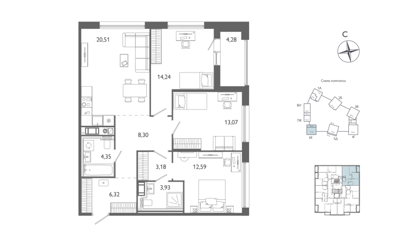 3-комнатная квартира №61 в: Лиггат: 88.63 м²; этаж: 9 - купить в Санкт-Петербурге
