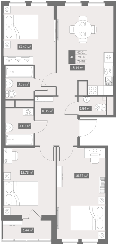 3-комнатная квартира №49 в: Фабула: 79.98 м²; этаж: 10 - купить в Санкт-Петербурге