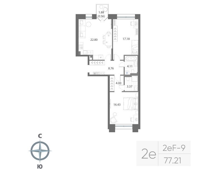 2-комнатная квартира, 77.21 м²; этаж: 3 - купить в Санкт-Петербурге