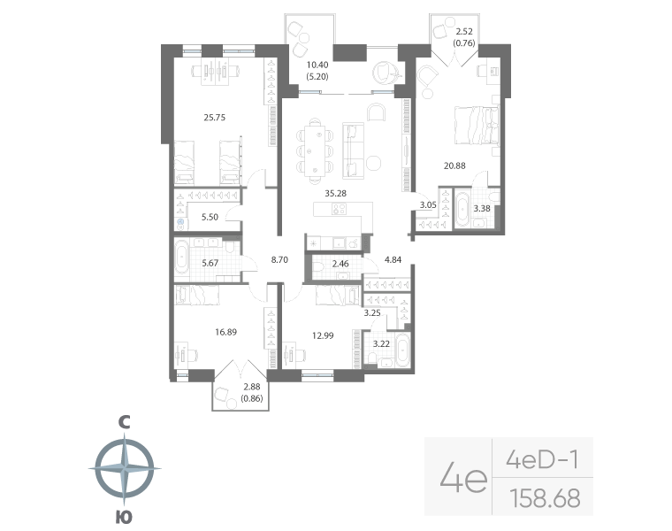 3-комнатная квартира, 158.68 м²; этаж: 4 - купить в Санкт-Петербурге