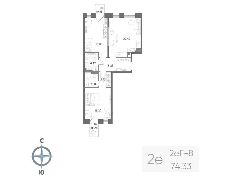 2-комнатная квартира, 74.33 м²; этаж: 6 - купить в Санкт-Петербурге