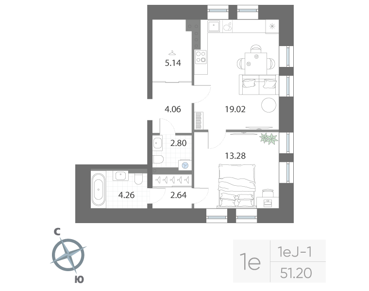 1-комнатная квартира, 51.2 м²; этаж: 5 - купить в Санкт-Петербурге