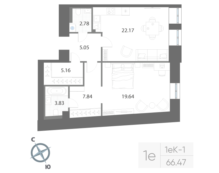 1-комнатная квартира, 66.47 м²; этаж: 3 - купить в Санкт-Петербурге