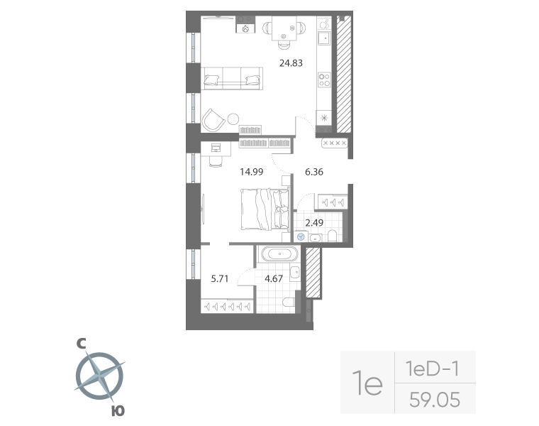 1-комнатная квартира, 59.05 м²; этаж: 2 - купить в Санкт-Петербурге