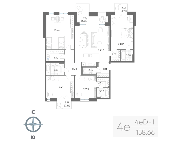 4-комнатная квартира №56-58 в: Нева Арт: 158.66 м²; этаж: 2 - купить в Санкт-Петербурге