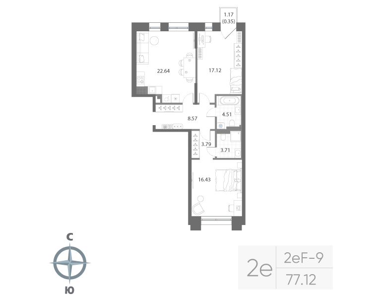 2-комнатная квартира, 77.12 м²; этаж: 7 - купить в Санкт-Петербурге