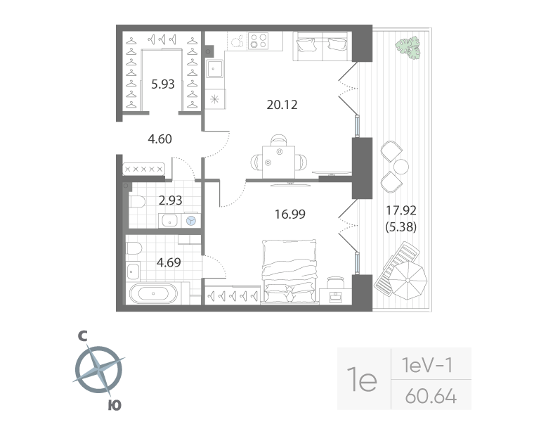 1-комнатная квартира, 60.64 м²; этаж: 3 - купить в Санкт-Петербурге