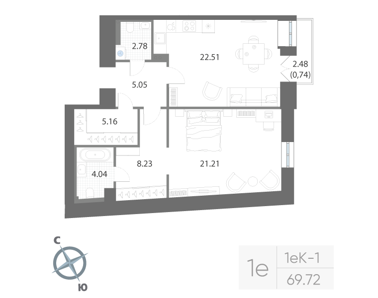 1-комнатная квартира, 69.72 м²; этаж: 4 - купить в Санкт-Петербурге