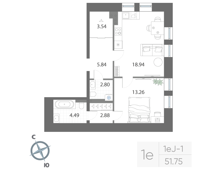 1-комнатная квартира, 51.75 м²; этаж: 4 - купить в Санкт-Петербурге