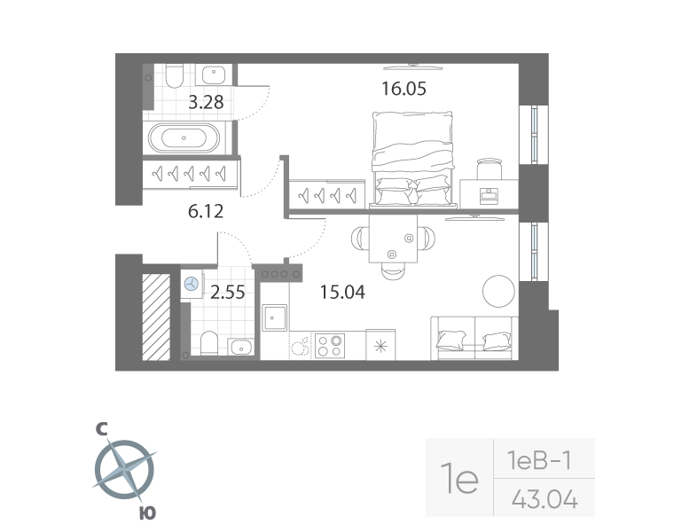 1-комнатная квартира, 43.04 м²; этаж: 3 - купить в Санкт-Петербурге