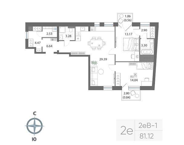 3-комнатная квартира, 81.12 м²; этаж: 2 - купить в Санкт-Петербурге