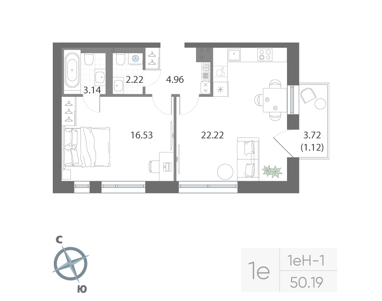 1-комнатная квартира, 50.19 м²; этаж: 3 - купить в Санкт-Петербурге