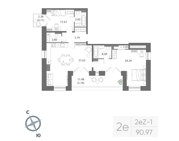 2-комнатная квартира №515 в Нева Арт 1-й корпус: 90.97 м², этаж 6 - купить в Санкт-Петербурге