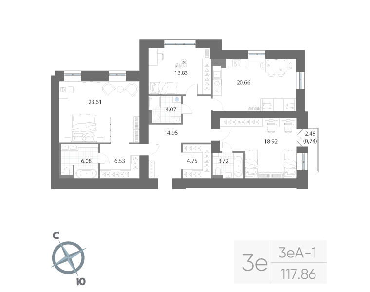 3-комнатная квартира, 117.86 м²; этаж: 2 - купить в Санкт-Петербурге
