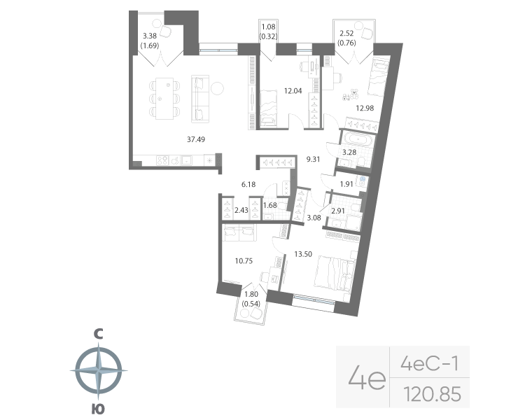 4-комнатная квартира, 120.85 м²; этаж: 4 - купить в Санкт-Петербурге