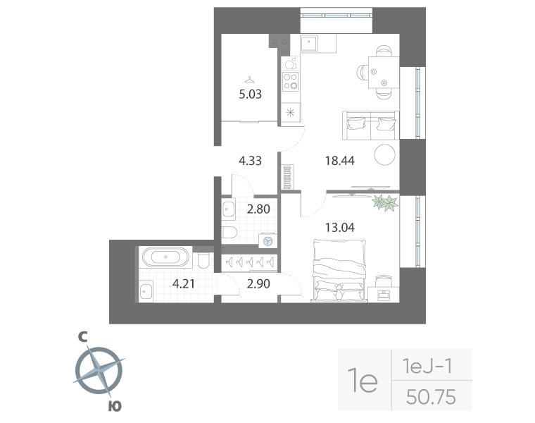 1-комнатная квартира, 50.75 м²; этаж: 3 - купить в Санкт-Петербурге