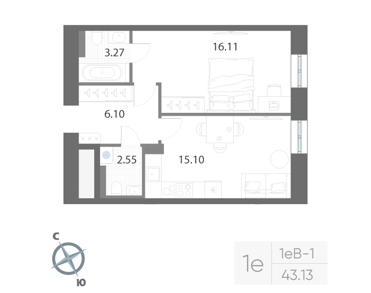1-комнатная квартира, 43.13 м²; этаж: 3 - купить в Санкт-Петербурге