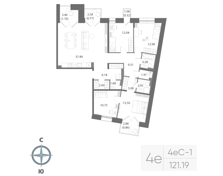 4-комнатная квартира, 121.19 м²; этаж: 3 - купить в Санкт-Петербурге