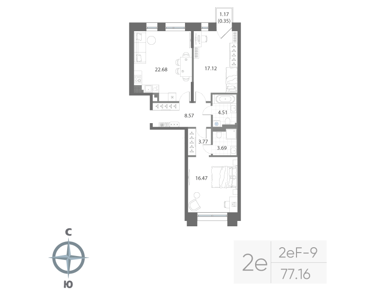 2-комнатная квартира, 77.16 м²; этаж: 6 - купить в Санкт-Петербурге