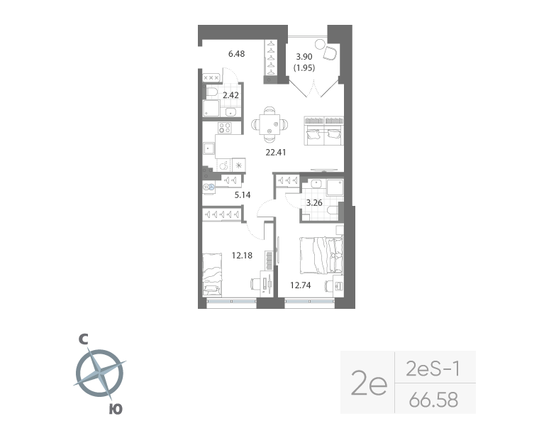 2-комнатная квартира, 66.58 м²; этаж: 3 - купить в Санкт-Петербурге