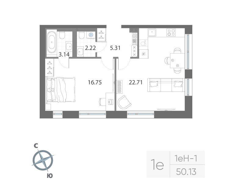 1-комнатная квартира, 50.13 м²; этаж: 2 - купить в Санкт-Петербурге