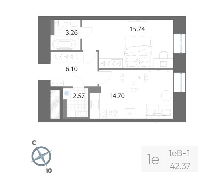 1-комнатная квартира, 42.37 м²; этаж: 2 - купить в Санкт-Петербурге