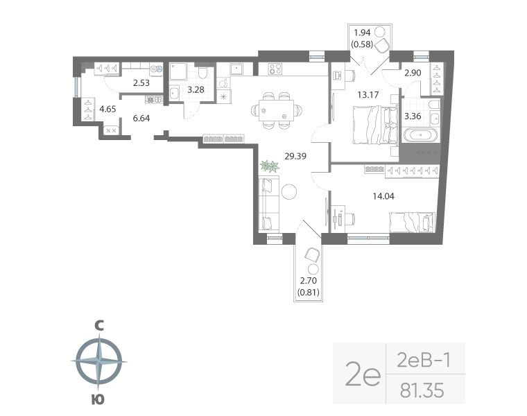 3-комнатная квартира, 81.35 м²; этаж: 2 - купить в Санкт-Петербурге