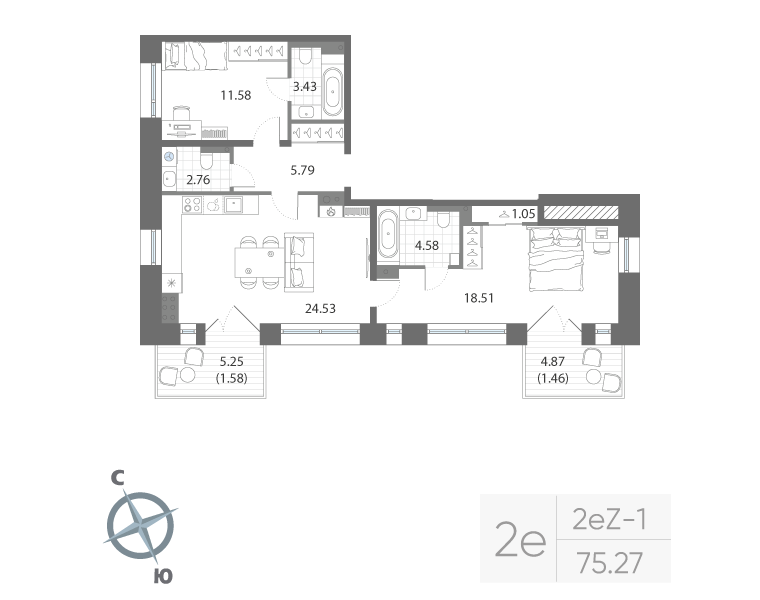 2-комнатная квартира, 75.27 м²; этаж: 7 - купить в Санкт-Петербурге