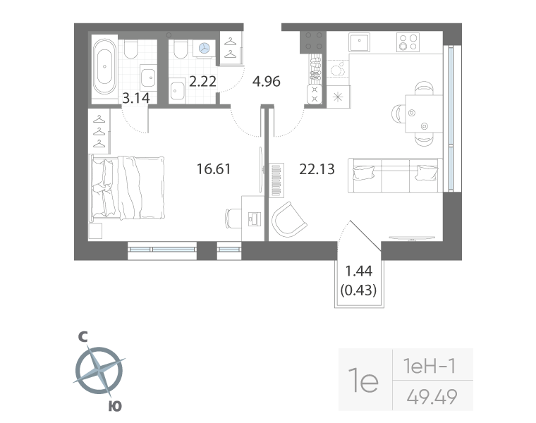 1-комнатная квартира, 49.49 м²; этаж: 4 - купить в Санкт-Петербурге