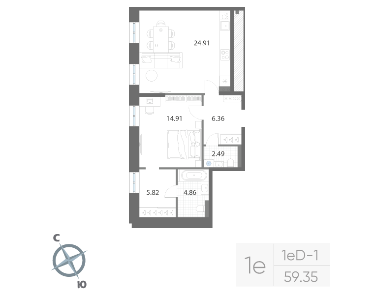1-комнатная квартира, 59.35 м²; этаж: 3 - купить в Санкт-Петербурге