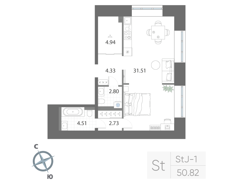 1-комнатная квартира, 50.82 м²; этаж: 2 - купить в Санкт-Петербурге