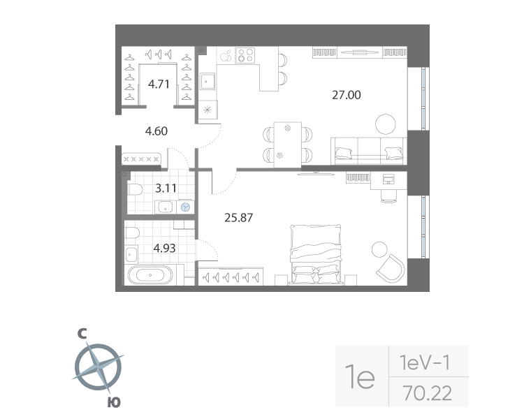 1-комнатная квартира, 70.22 м²; этаж: 2 - купить в Санкт-Петербурге