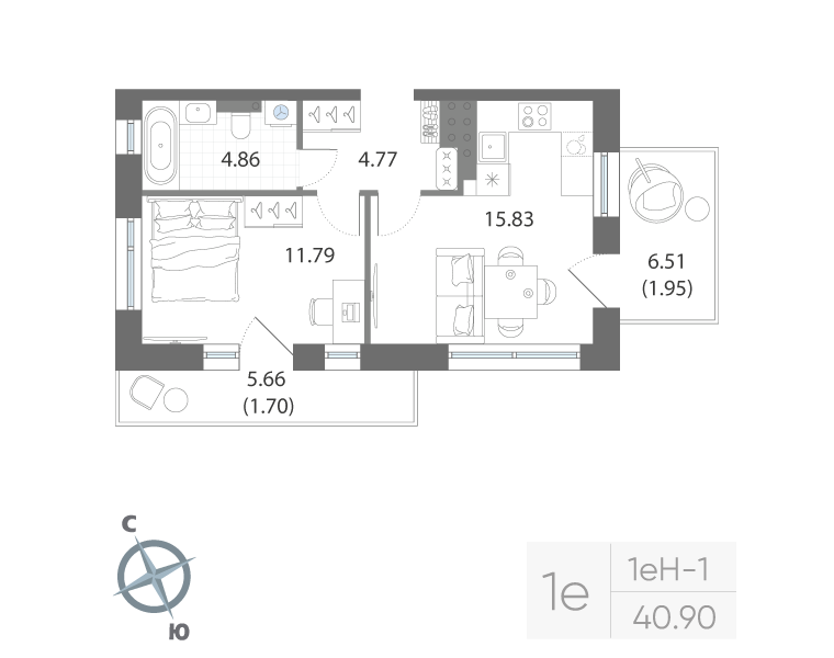 1-комнатная квартира, 40.9 м²; этаж: 7 - купить в Санкт-Петербурге