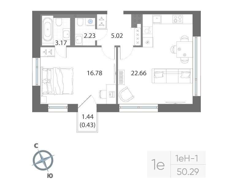 1-комнатная квартира, 50.29 м²; этаж: 5 - купить в Санкт-Петербурге