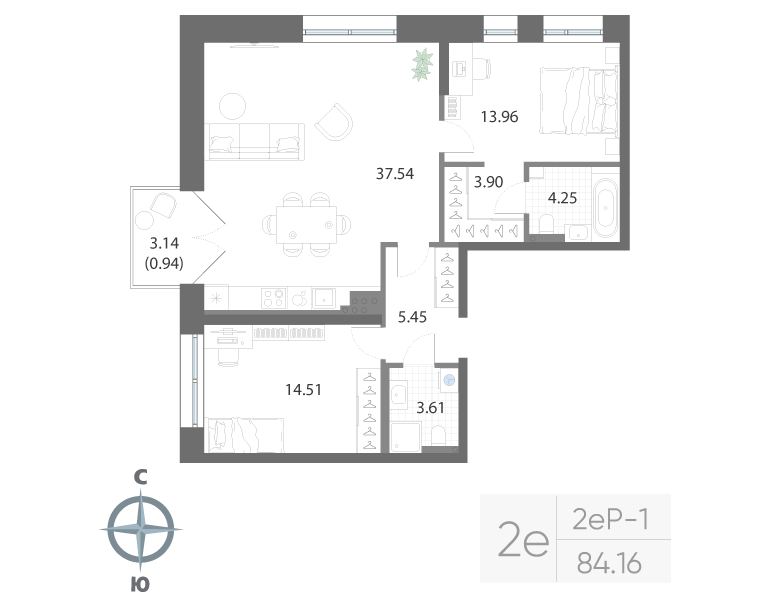 2-комнатная квартира, 84.16 м²; этаж: 6 - купить в Санкт-Петербурге
